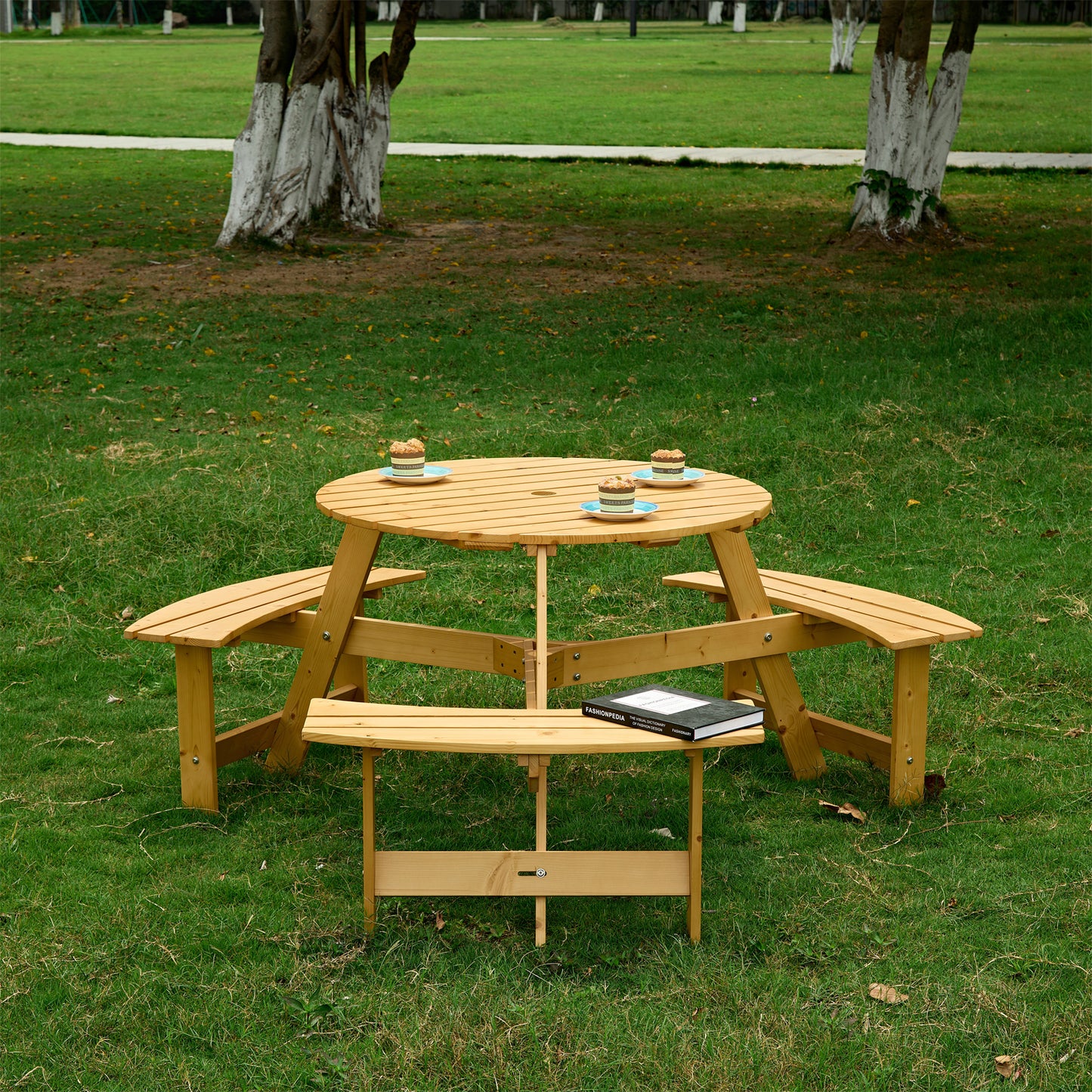 Outdoor 6 Person Picnic Table, 6 person Round Picnic Table with 3 Built-in Benches, Umbrella Hole, Outside Table and Bench Set for Garden, Backyard, Porch, Patio, Natural