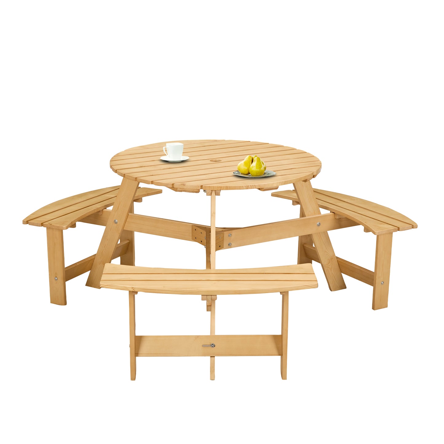 Outdoor 6 Person Picnic Table, 6 person Round Picnic Table with 3 Built-in Benches, Umbrella Hole, Outside Table and Bench Set for Garden, Backyard, Porch, Patio, Natural