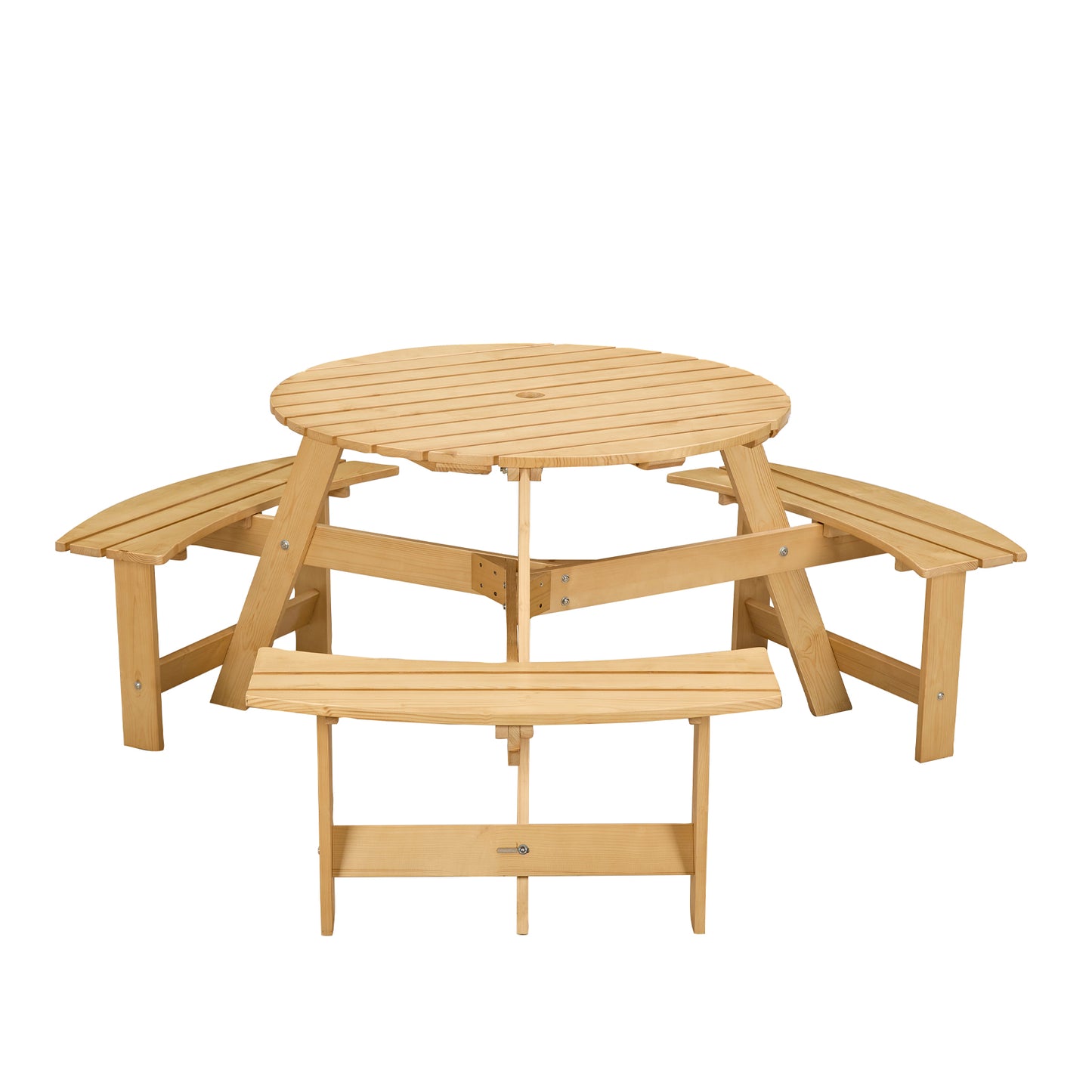 Outdoor 6 Person Picnic Table, 6 person Round Picnic Table with 3 Built-in Benches, Umbrella Hole, Outside Table and Bench Set for Garden, Backyard, Porch, Patio, Natural