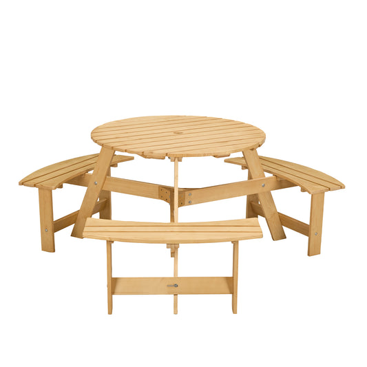 Outdoor 6 Person Picnic Table, 6 person Round Picnic Table with 3 Built-in Benches, Umbrella Hole, Outside Table and Bench Set for Garden, Backyard, Porch, Patio, Natural