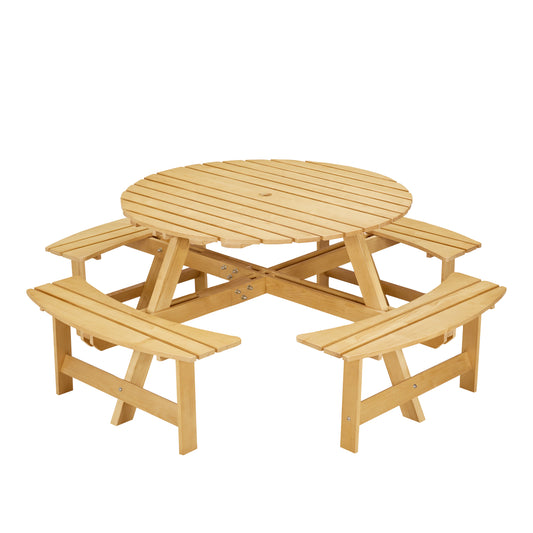 Outdoor 8 Person Picnic Table, 8 person Round Picnic Table with 4 Built-in Benches, Umbrella Hole, Outside Table and Bench Set for Garden, Backyard, Porch, Patio, Natural