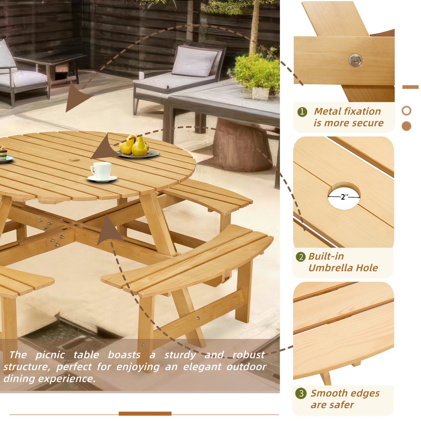 Outdoor 8 Person Picnic Table, 8 person Round Picnic Table with 4 Built-in Benches, Umbrella Hole, Outside Table and Bench Set for Garden, Backyard, Porch, Patio, Natural