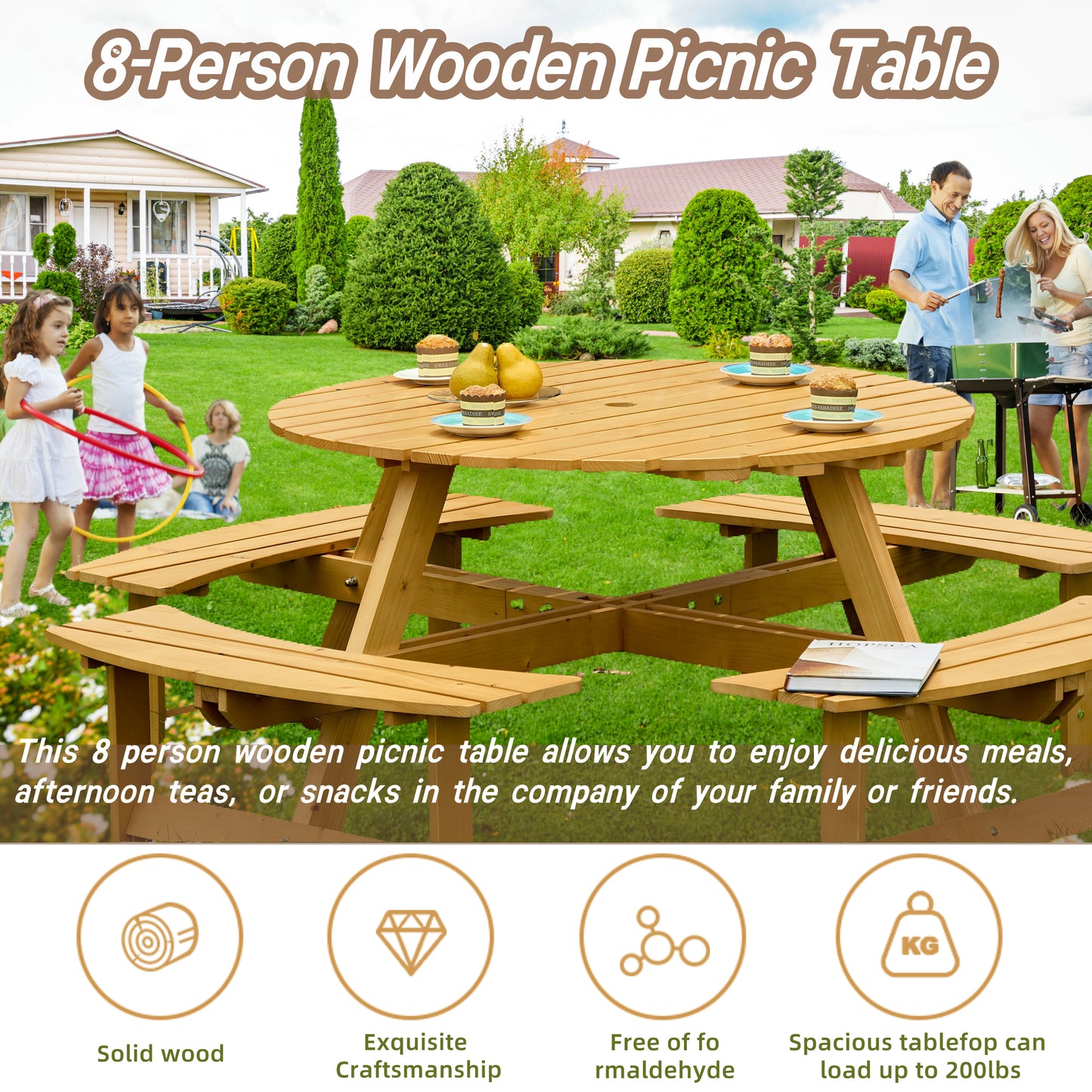 Outdoor 8 Person Picnic Table, 8 person Round Picnic Table with 4 Built-in Benches, Umbrella Hole, Outside Table and Bench Set for Garden, Backyard, Porch, Patio, Natural