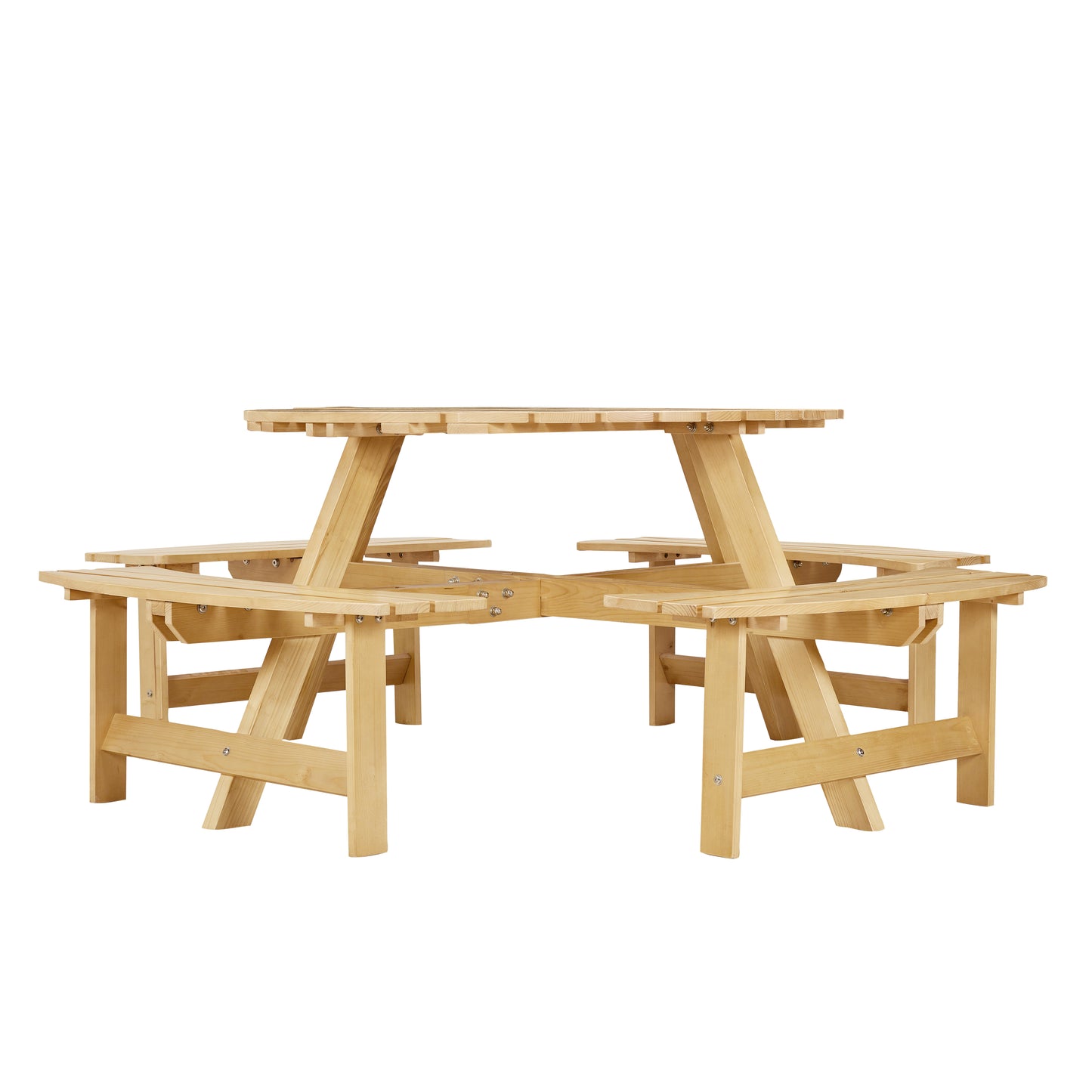 Outdoor 8 Person Picnic Table, 8 person Round Picnic Table with 4 Built-in Benches, Umbrella Hole, Outside Table and Bench Set for Garden, Backyard, Porch, Patio, Natural