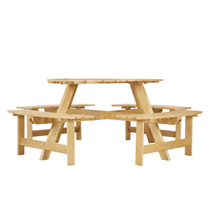 Outdoor 8 Person Picnic Table, 8 person Round Picnic Table with 4 Built-in Benches, Umbrella Hole, Outside Table and Bench Set for Garden, Backyard, Porch, Patio, Natural
