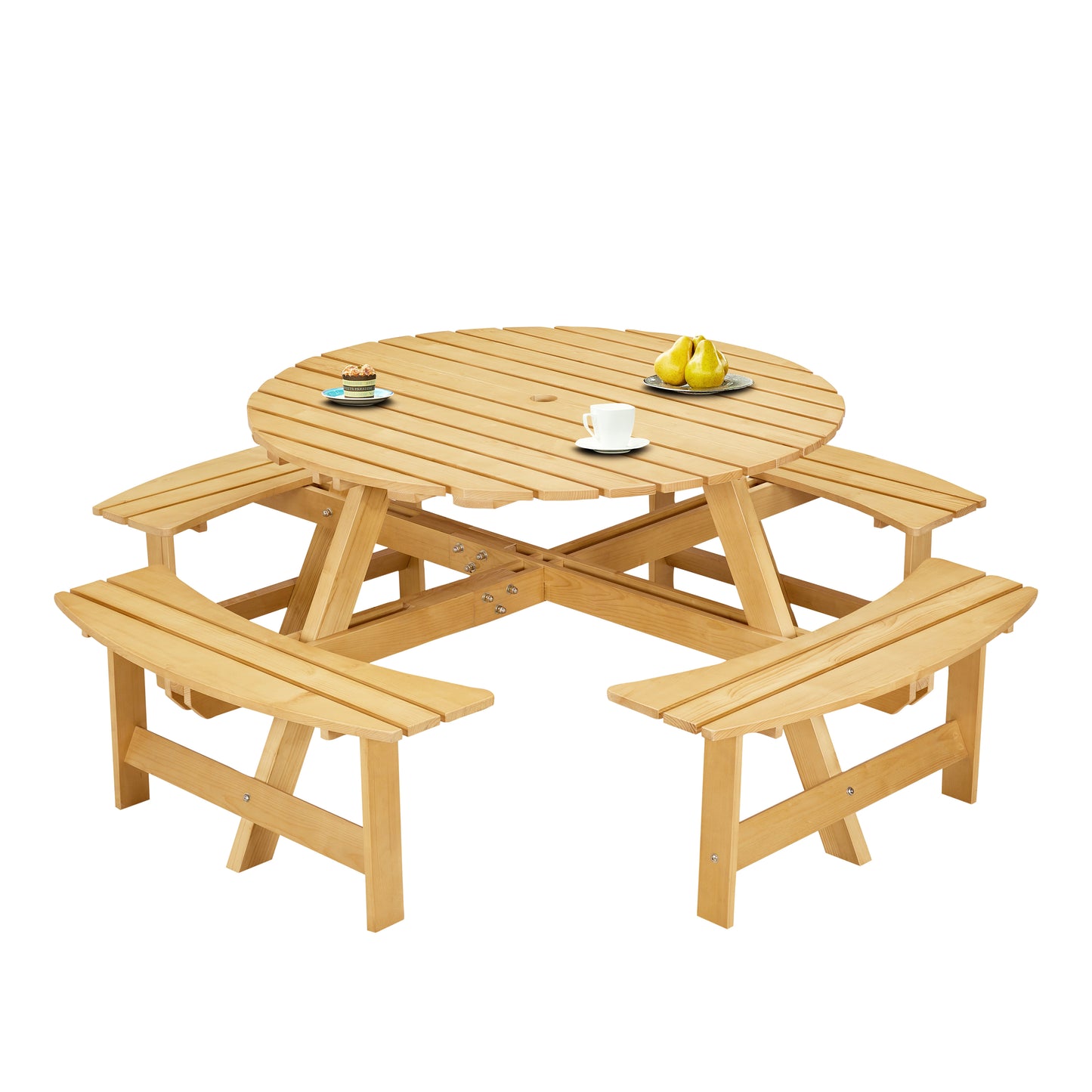 Outdoor 8 Person Picnic Table, 8 person Round Picnic Table with 4 Built-in Benches, Umbrella Hole, Outside Table and Bench Set for Garden, Backyard, Porch, Patio, Natural