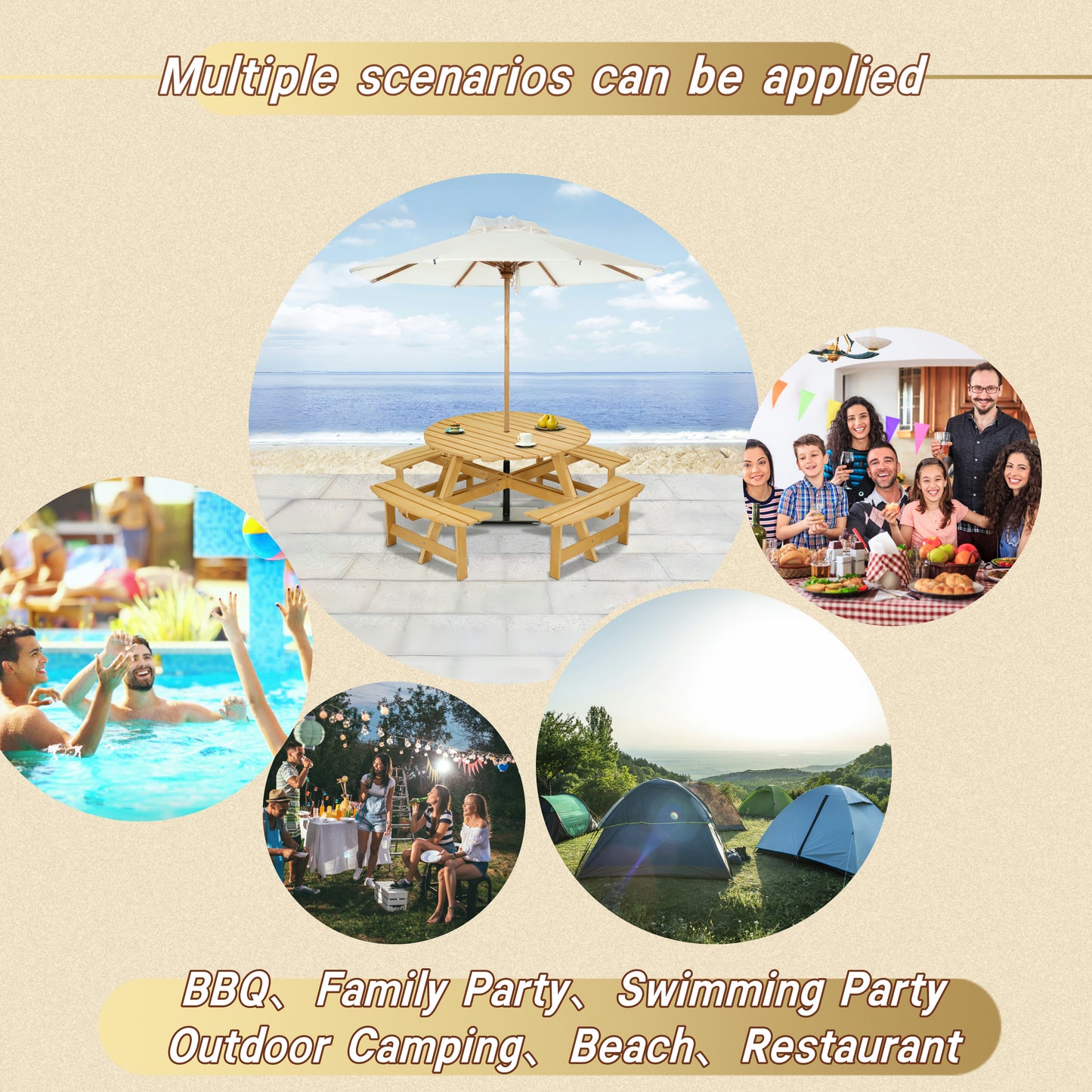 Outdoor 8 Person Picnic Table, 8 person Round Picnic Table with 4 Built-in Benches, Umbrella Hole, Outside Table and Bench Set for Garden, Backyard, Porch, Patio, Natural