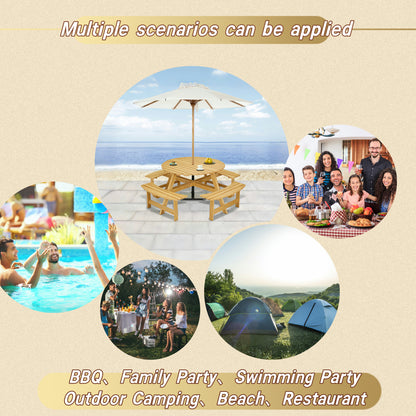 Outdoor 8 Person Picnic Table, 8 person Round Picnic Table with 4 Built-in Benches, Umbrella Hole, Outside Table and Bench Set for Garden, Backyard, Porch, Patio, Natural