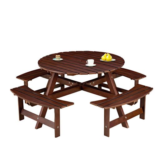 Outdoor 8 Person Picnic Table, 8 person Round Picnic Table with 4 Built-in Benches, Umbrella Hole, Outside Table and Bench Set for Garden, Backyard, Porch, Patio, Brown