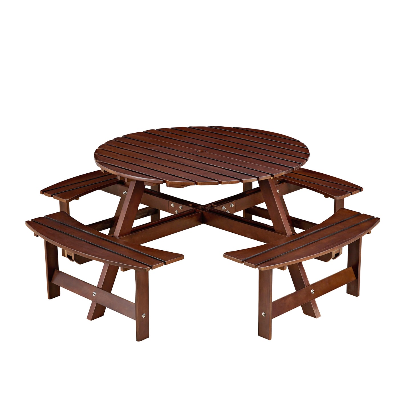 Outdoor 8 Person Picnic Table, 8 person Round Picnic Table with 4 Built-in Benches, Umbrella Hole, Outside Table and Bench Set for Garden, Backyard, Porch, Patio, Brown