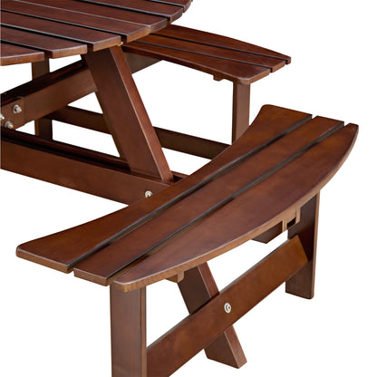 Outdoor 8 Person Picnic Table, 8 person Round Picnic Table with 4 Built-in Benches, Umbrella Hole, Outside Table and Bench Set for Garden, Backyard, Porch, Patio, Brown