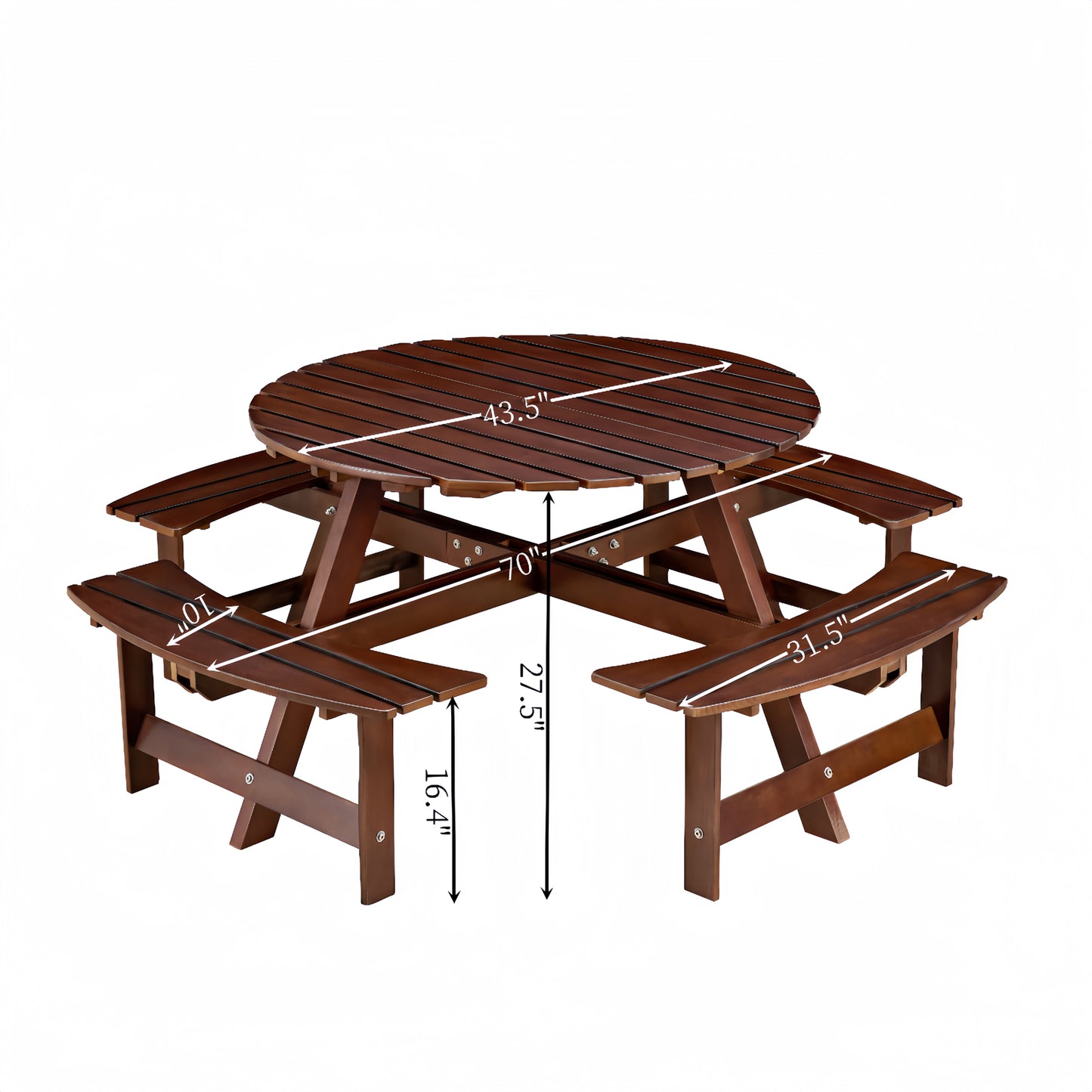 Outdoor 8 Person Picnic Table, 8 person Round Picnic Table with 4 Built-in Benches, Umbrella Hole, Outside Table and Bench Set for Garden, Backyard, Porch, Patio, Brown