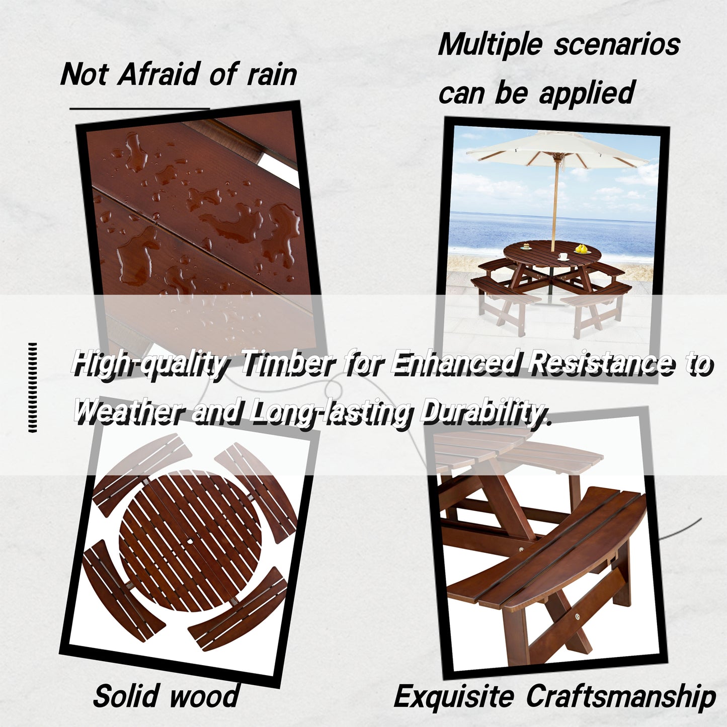Outdoor 8 Person Picnic Table, 8 person Round Picnic Table with 4 Built-in Benches, Umbrella Hole, Outside Table and Bench Set for Garden, Backyard, Porch, Patio, Brown