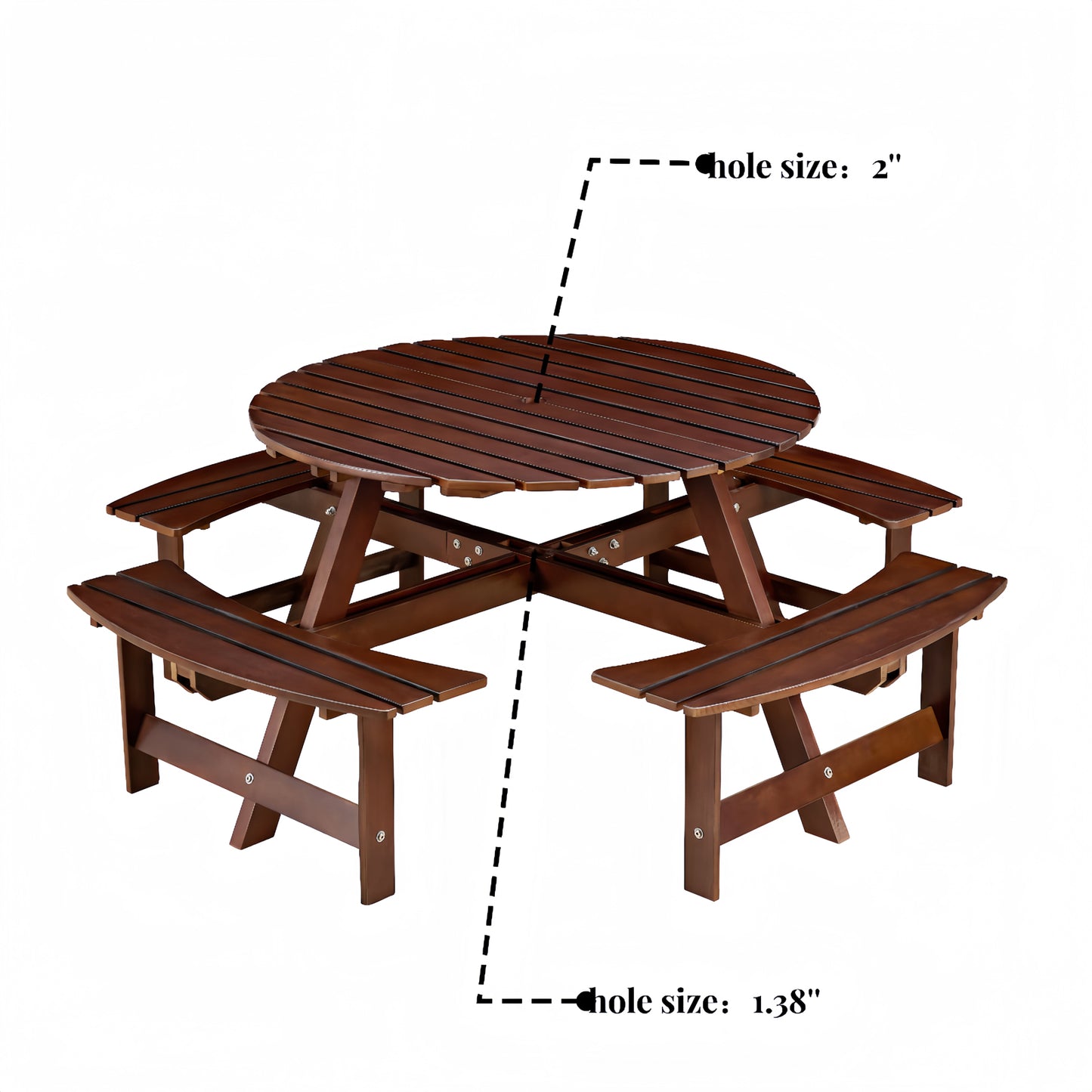 Outdoor 8 Person Picnic Table, 8 person Round Picnic Table with 4 Built-in Benches, Umbrella Hole, Outside Table and Bench Set for Garden, Backyard, Porch, Patio, Brown