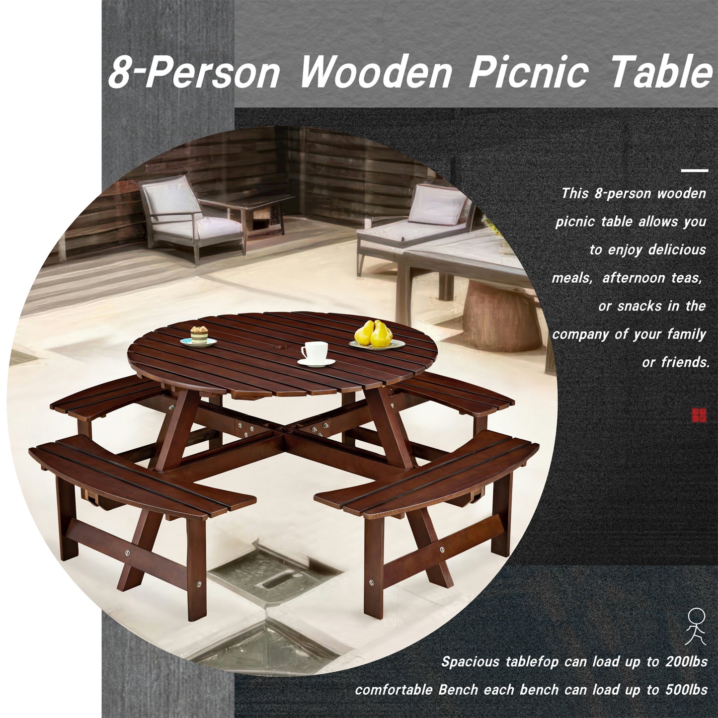 Outdoor 8 Person Picnic Table, 8 person Round Picnic Table with 4 Built-in Benches, Umbrella Hole, Outside Table and Bench Set for Garden, Backyard, Porch, Patio, Brown