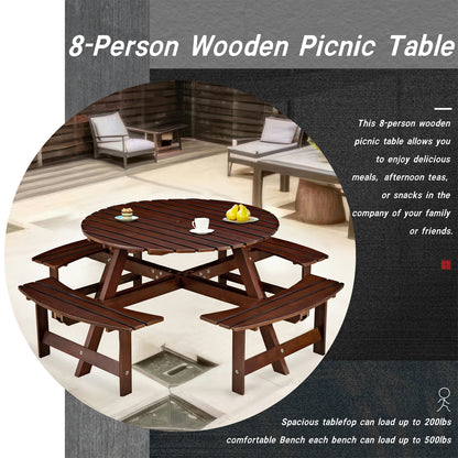 Outdoor 8 Person Picnic Table, 8 person Round Picnic Table with 4 Built-in Benches, Umbrella Hole, Outside Table and Bench Set for Garden, Backyard, Porch, Patio, Brown