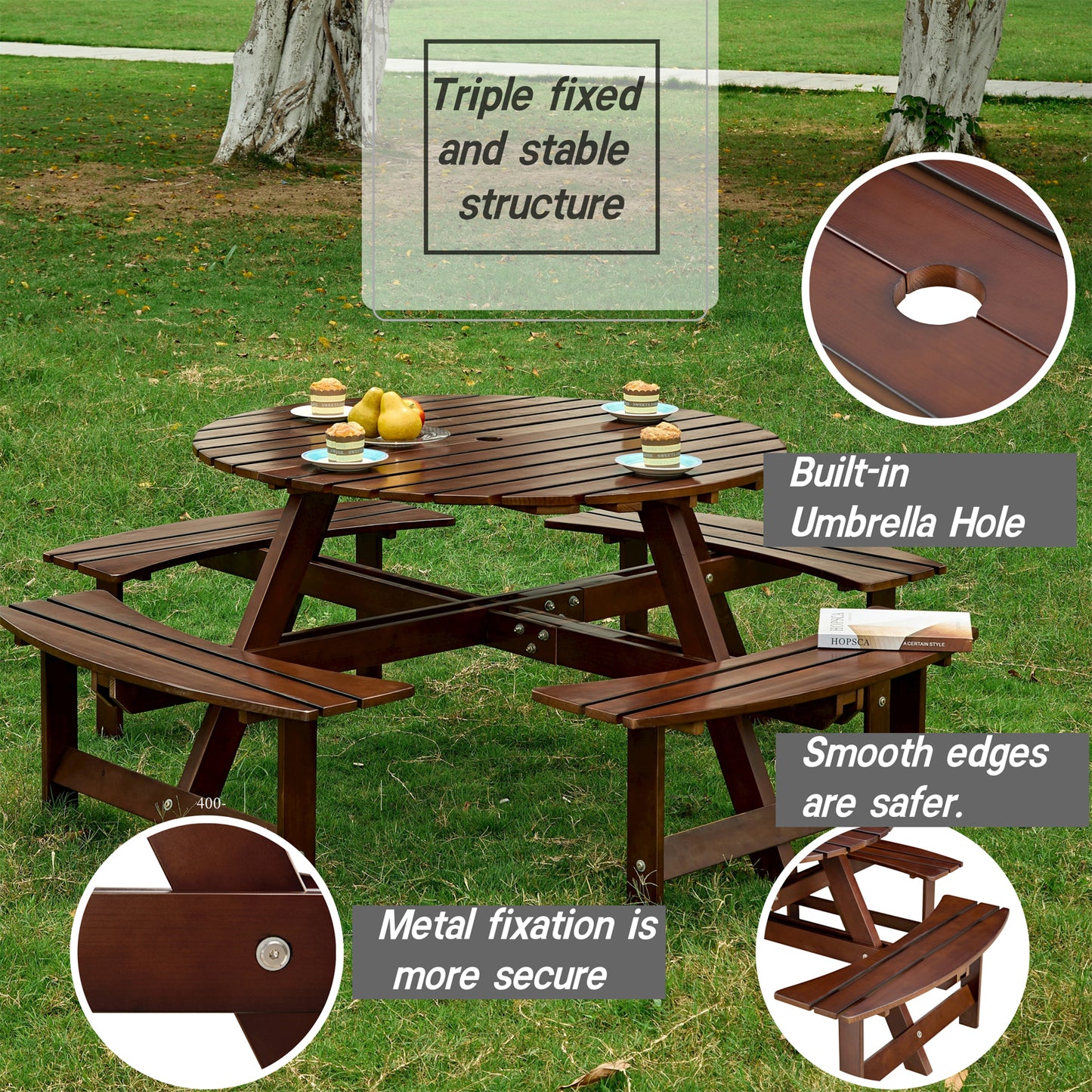 Outdoor 8 Person Picnic Table, 8 person Round Picnic Table with 4 Built-in Benches, Umbrella Hole, Outside Table and Bench Set for Garden, Backyard, Porch, Patio, Brown
