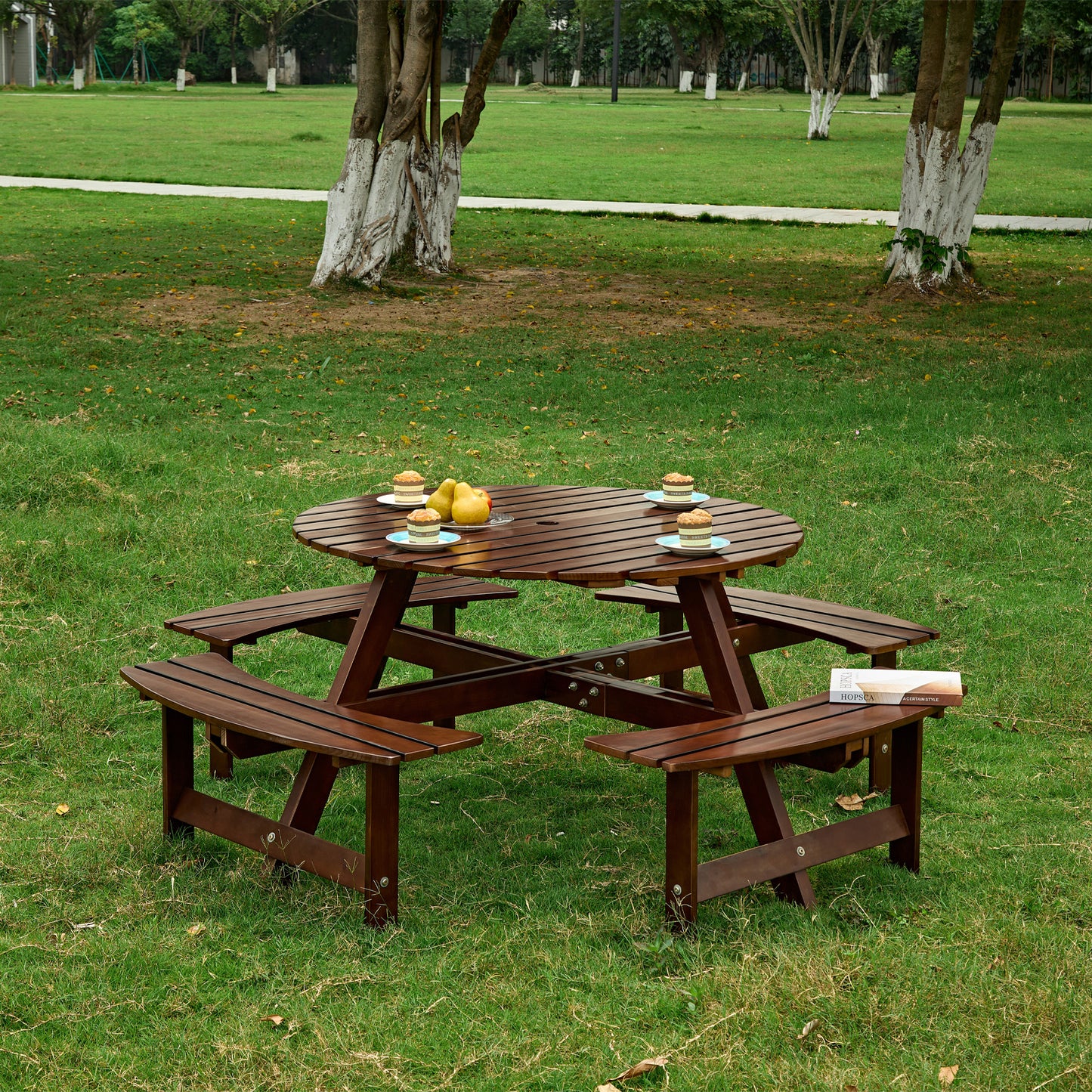 Outdoor 8 Person Picnic Table, 8 person Round Picnic Table with 4 Built-in Benches, Umbrella Hole, Outside Table and Bench Set for Garden, Backyard, Porch, Patio, Brown