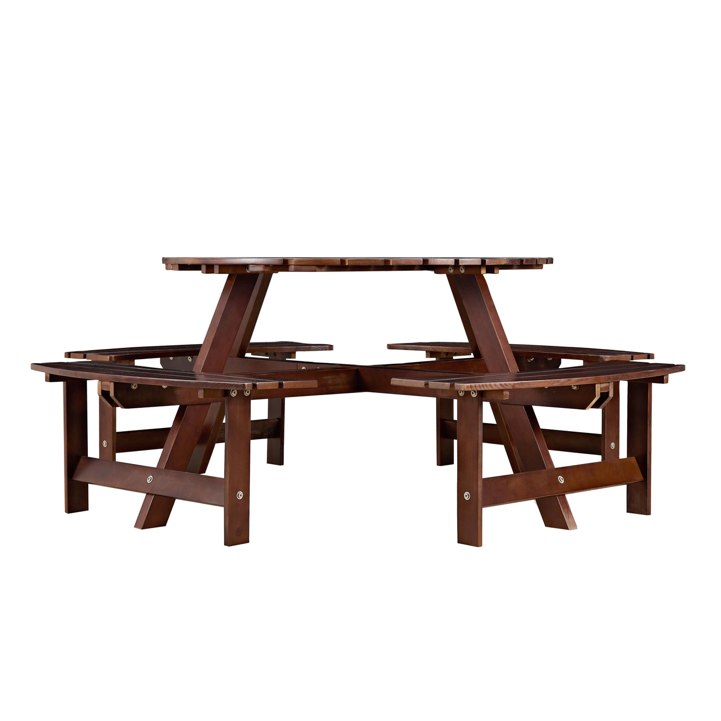 Outdoor 8 Person Picnic Table, 8 person Round Picnic Table with 4 Built-in Benches, Umbrella Hole, Outside Table and Bench Set for Garden, Backyard, Porch, Patio, Brown