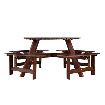Outdoor 8 Person Picnic Table, 8 person Round Picnic Table with 4 Built-in Benches, Umbrella Hole, Outside Table and Bench Set for Garden, Backyard, Porch, Patio, Brown