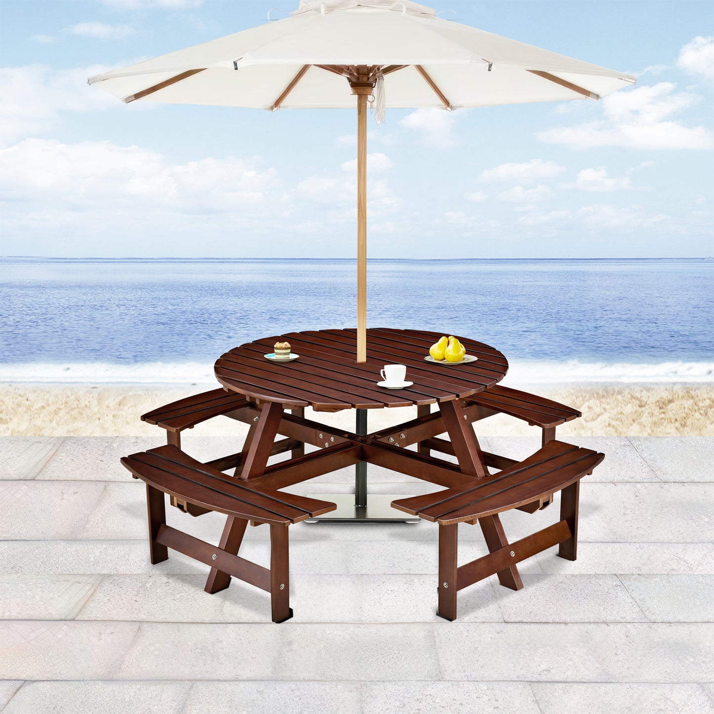 Outdoor 8 Person Picnic Table, 8 person Round Picnic Table with 4 Built-in Benches, Umbrella Hole, Outside Table and Bench Set for Garden, Backyard, Porch, Patio, Brown