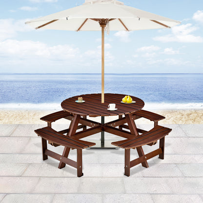 Outdoor 8 Person Picnic Table, 8 person Round Picnic Table with 4 Built-in Benches, Umbrella Hole, Outside Table and Bench Set for Garden, Backyard, Porch, Patio, Brown