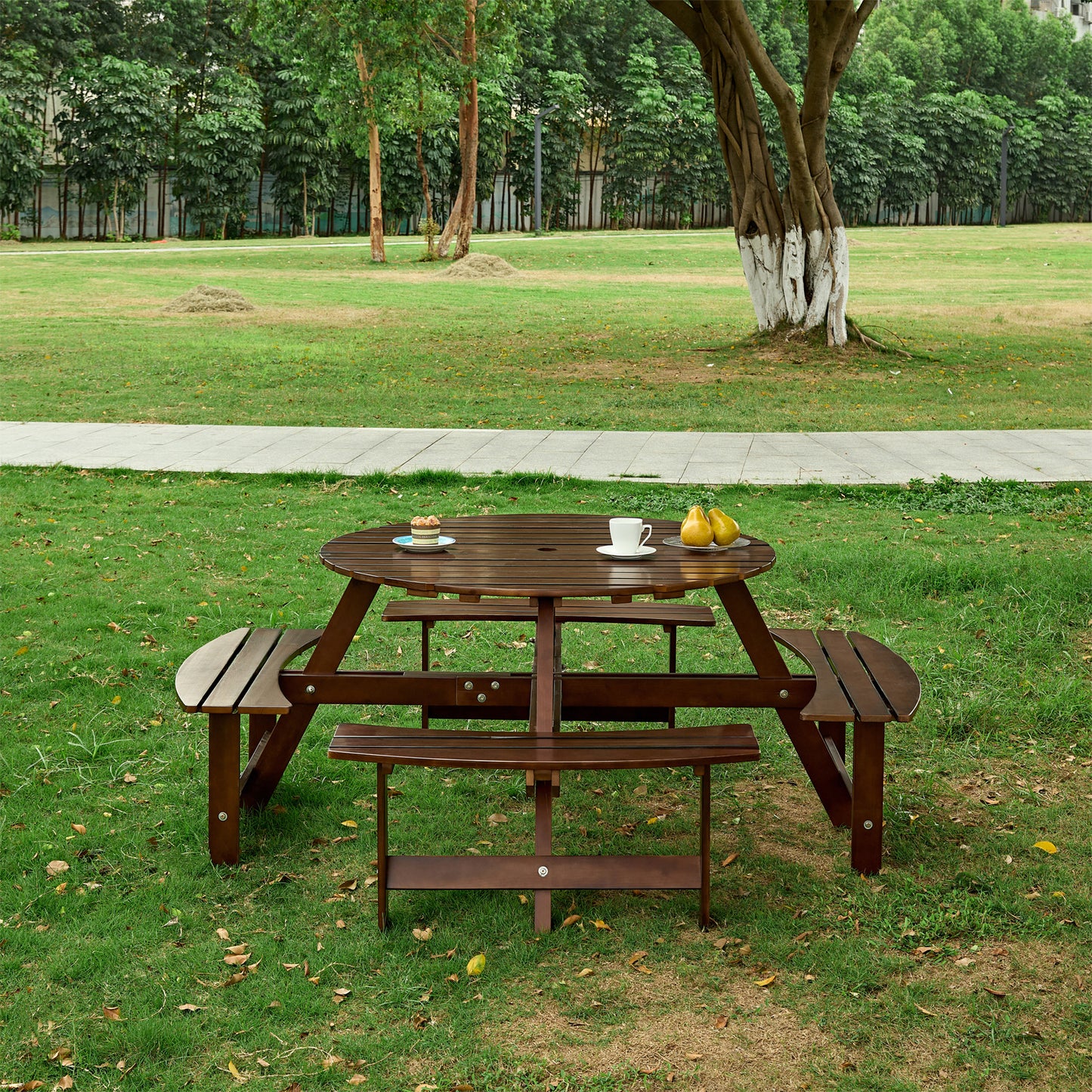 Outdoor 8 Person Picnic Table, 8 person Round Picnic Table with 4 Built-in Benches, Umbrella Hole, Outside Table and Bench Set for Garden, Backyard, Porch, Patio, Brown