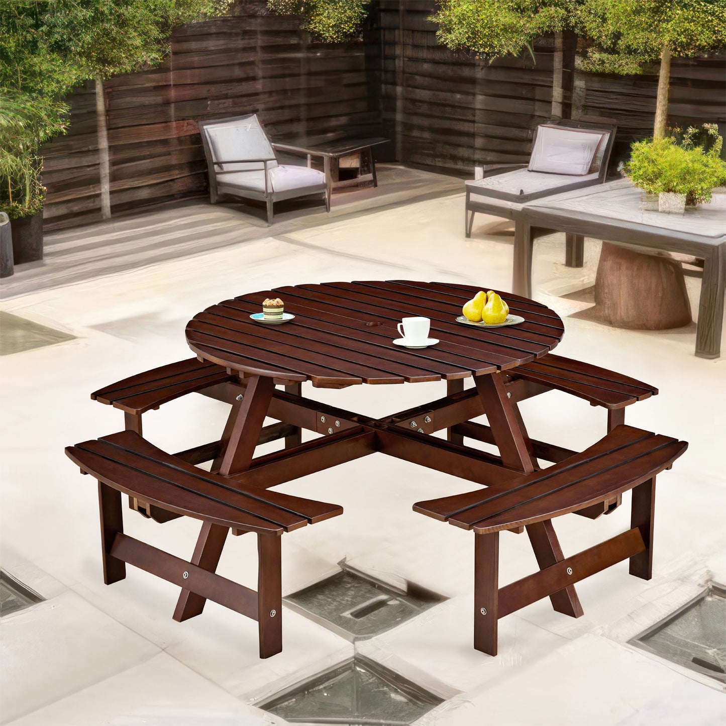 Outdoor 8 Person Picnic Table, 8 person Round Picnic Table with 4 Built-in Benches, Umbrella Hole, Outside Table and Bench Set for Garden, Backyard, Porch, Patio, Brown