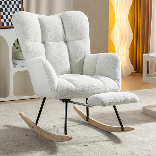 053-Teddy Fabric Rocking Chair With Adjustable Footrest,Ivory