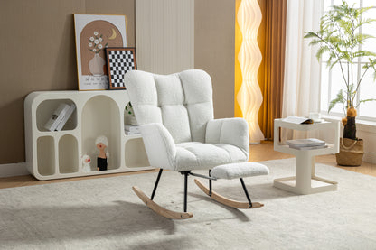 053-Teddy Fabric Rocking Chair With Adjustable Footrest,Ivory