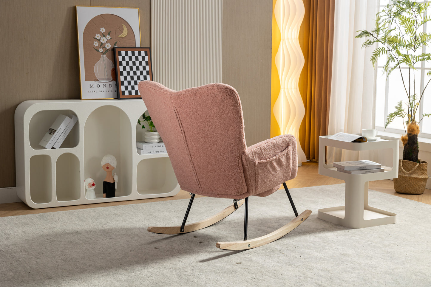 053-Teddy Fabric Rocking Chair With Adjustable Footrest,Pink