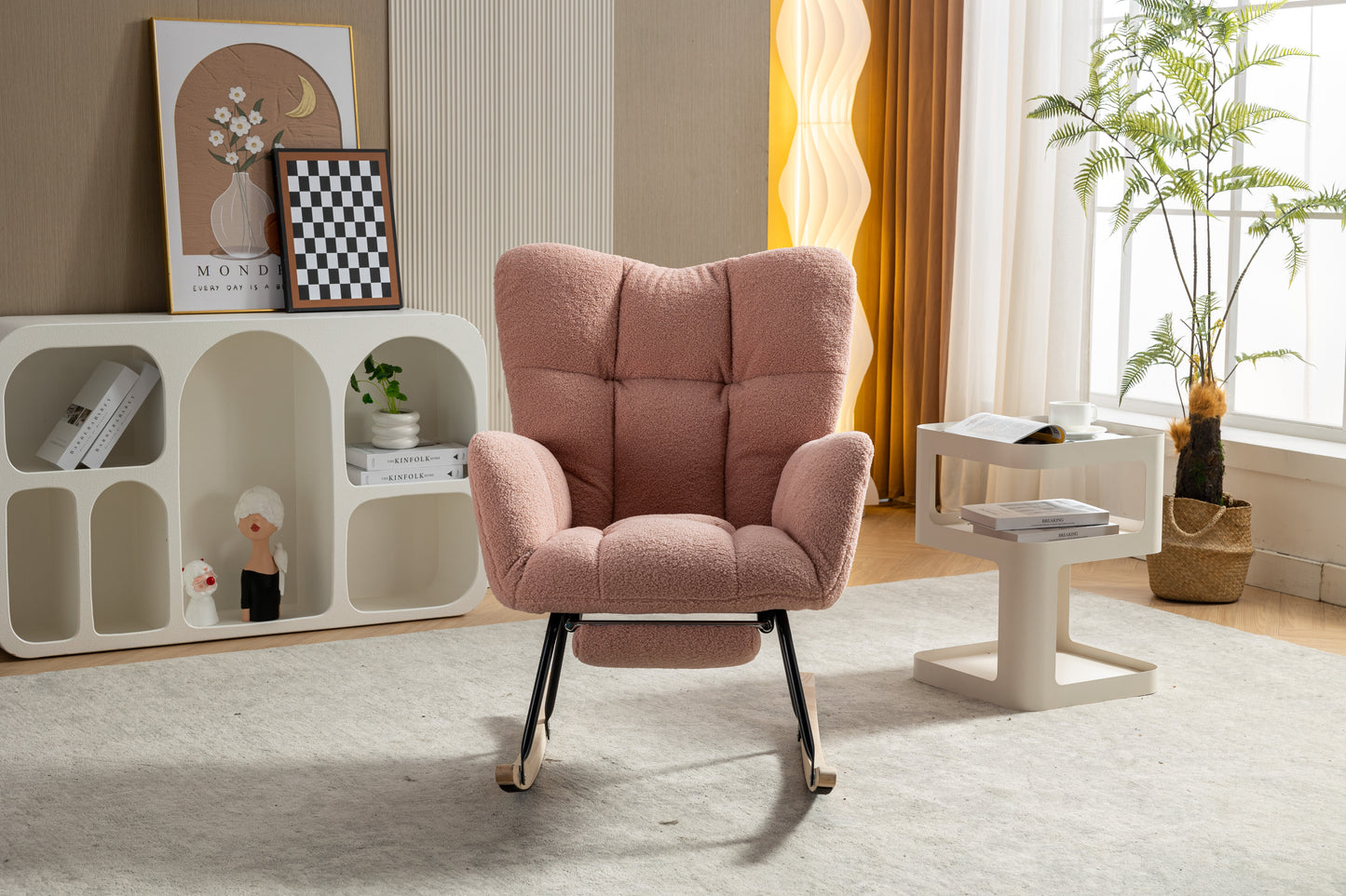 053-Teddy Fabric Rocking Chair With Adjustable Footrest,Pink