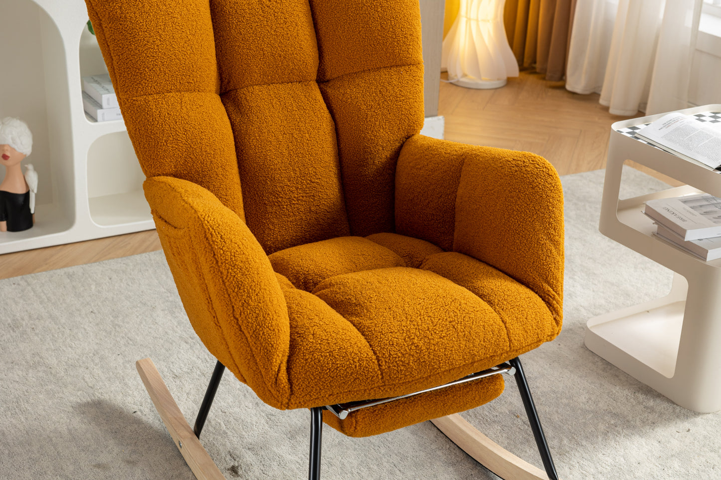053-Teddy Fabric Rocking Chair With Adjustable Footrest,Caramel