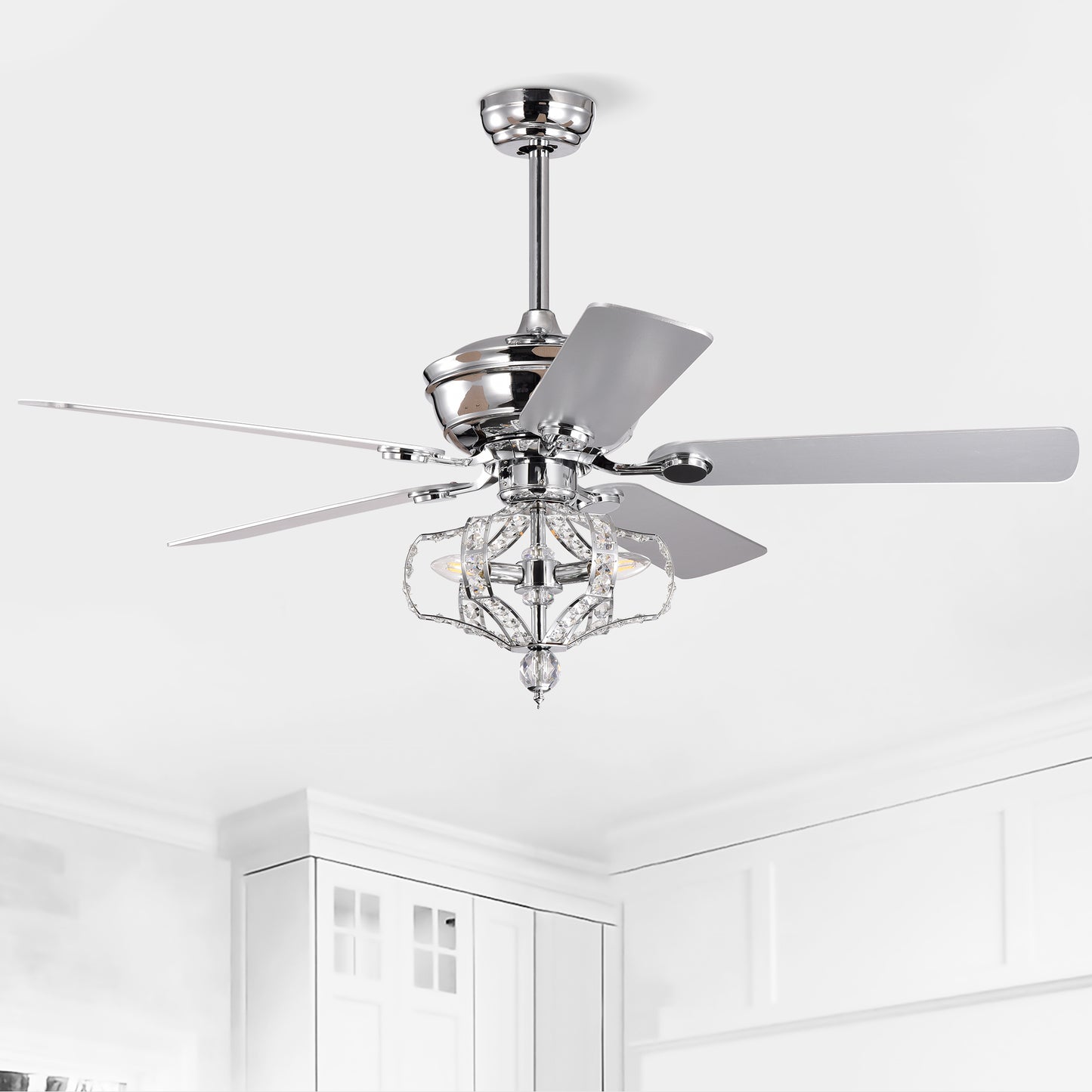 Crystal Ceiling Fan with Lights Fandelier Chandelier Reversible Blades 3 Wind Speeds Remote Control for Bedroom Living Dining Room Chrome 52 Inch