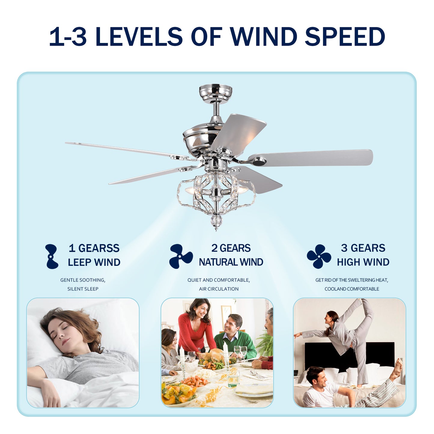 Crystal Ceiling Fan with Lights Fandelier Chandelier Reversible Blades 3 Wind Speeds Remote Control for Bedroom Living Dining Room Chrome 52 Inch