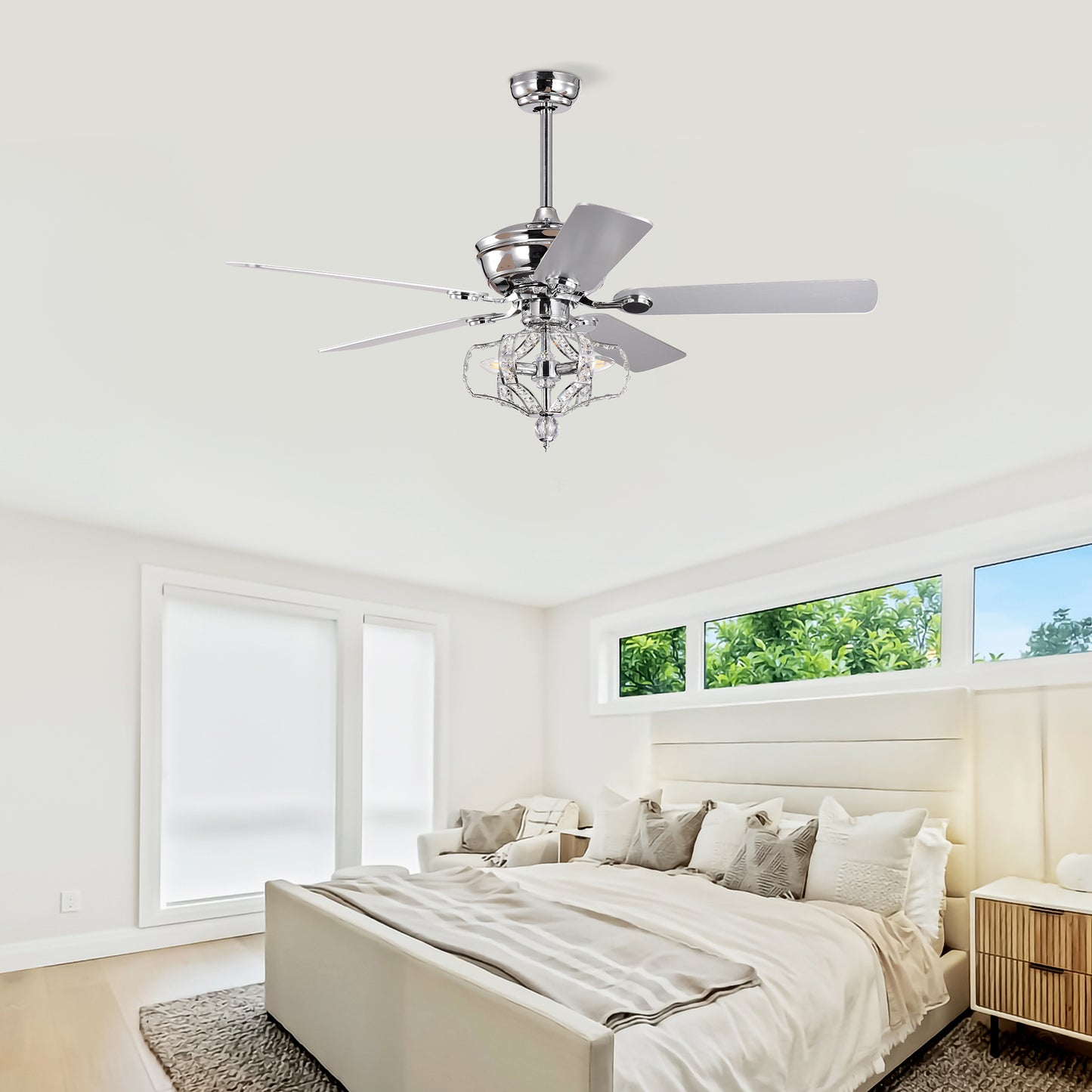 Crystal Ceiling Fan with Lights Fandelier Chandelier Reversible Blades 3 Wind Speeds Remote Control for Bedroom Living Dining Room Chrome 52 Inch