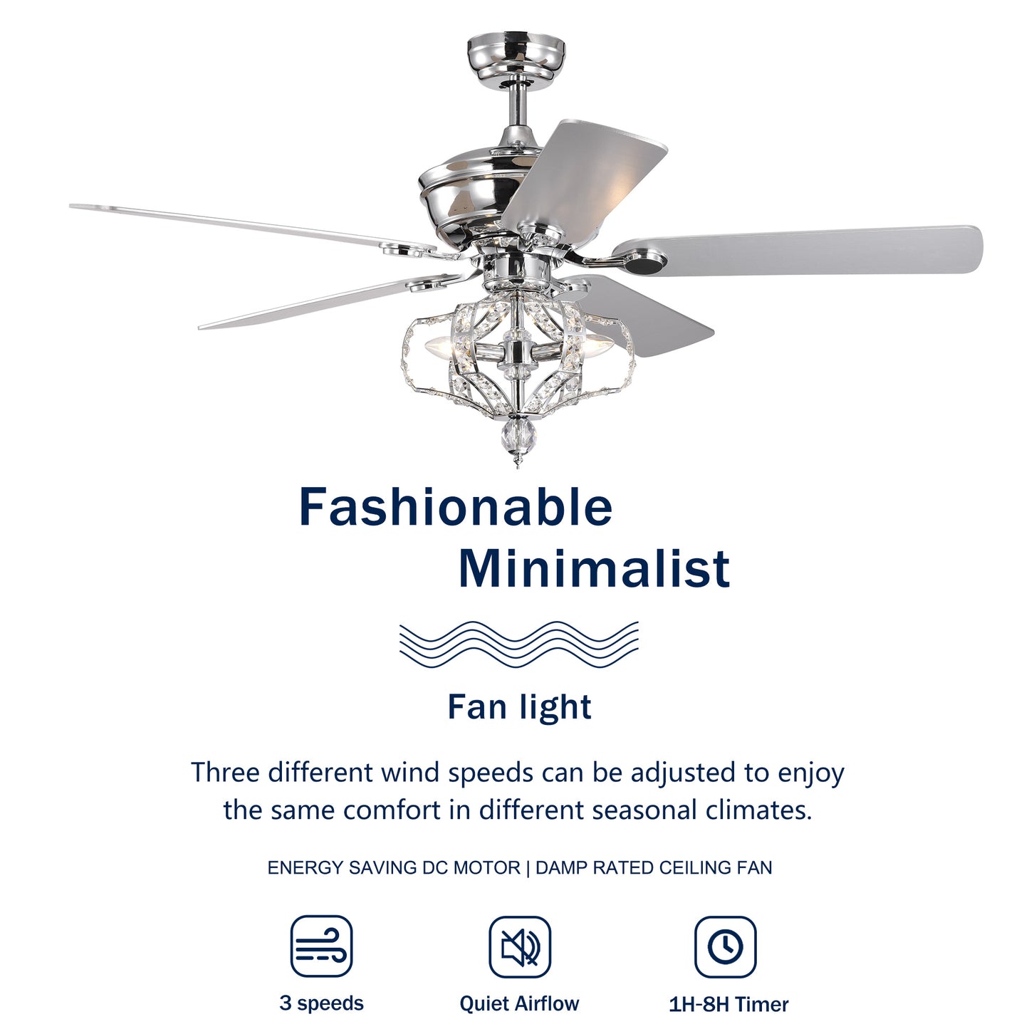 Crystal Ceiling Fan with Lights Fandelier Chandelier Reversible Blades 3 Wind Speeds Remote Control for Bedroom Living Dining Room Chrome 52 Inch