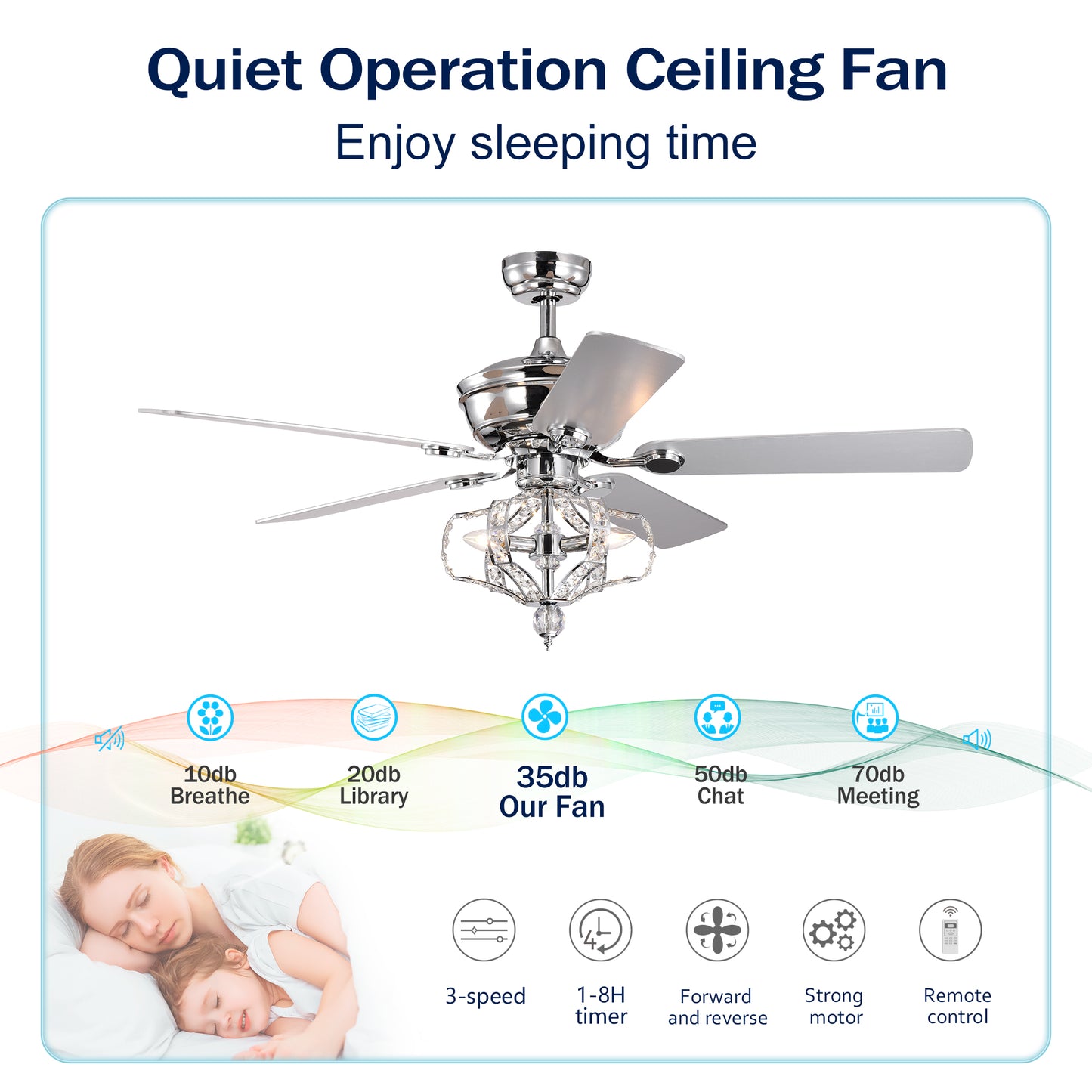 Crystal Ceiling Fan with Lights Fandelier Chandelier Reversible Blades 3 Wind Speeds Remote Control for Bedroom Living Dining Room Chrome 52 Inch