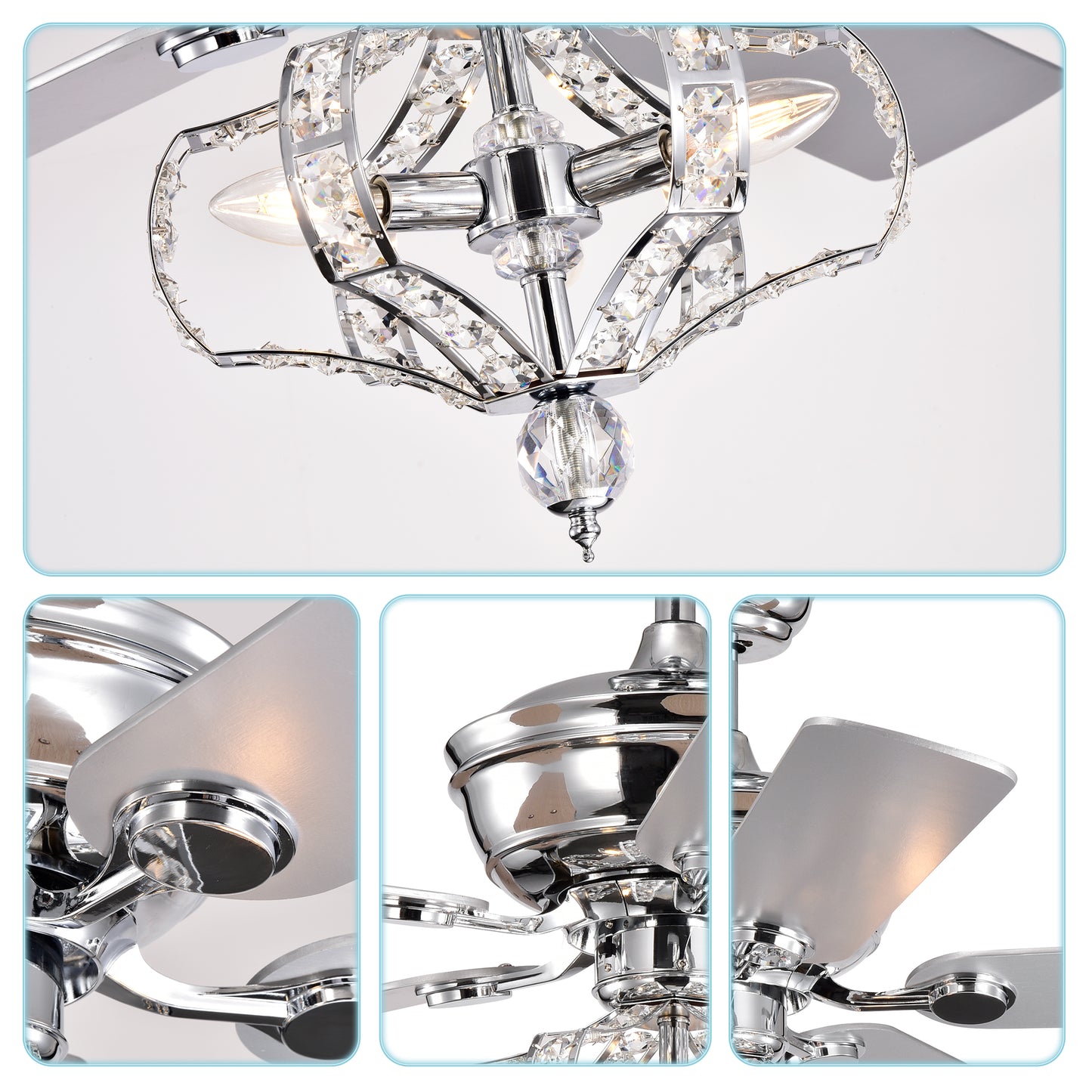 Crystal Ceiling Fan with Lights Fandelier Chandelier Reversible Blades 3 Wind Speeds Remote Control for Bedroom Living Dining Room Chrome 52 Inch