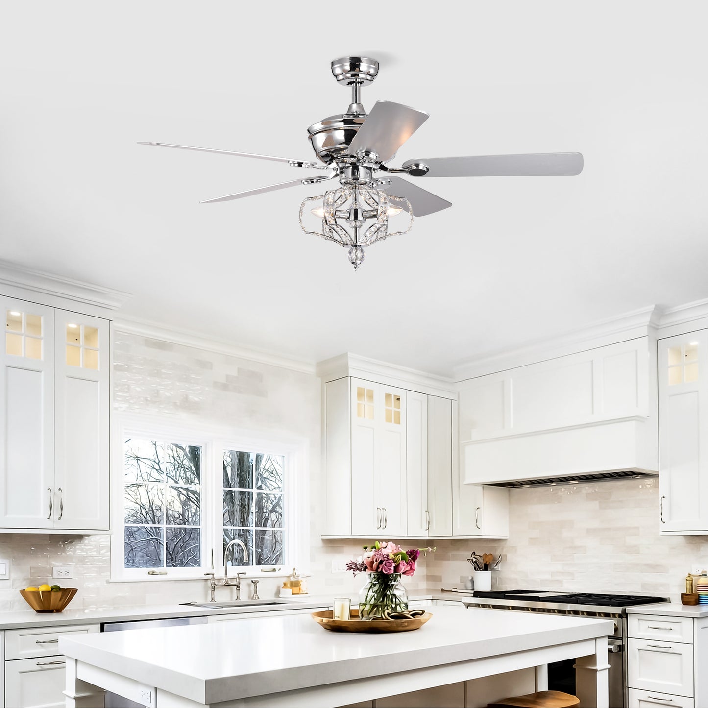 Crystal Ceiling Fan with Lights Fandelier Chandelier Reversible Blades 3 Wind Speeds Remote Control for Bedroom Living Dining Room Chrome 52 Inch
