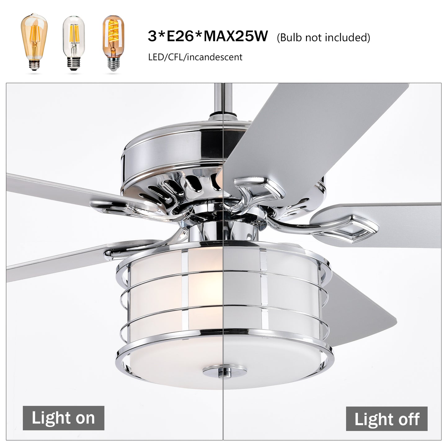 52" 3-Light Chrome Drum Shade LED Ceiling Fan + Remote, Traditional Farmhouse Rustic Industrial Bohemian Country Cottage Transitional Glam for Home, Kitchen, Living Room