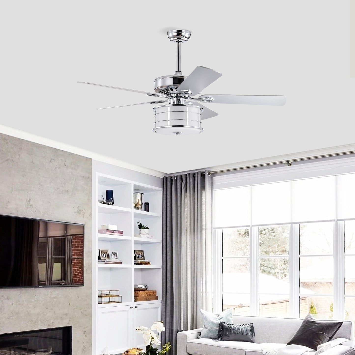 52" 3-Light Chrome Drum Shade LED Ceiling Fan + Remote, Traditional Farmhouse Rustic Industrial Bohemian Country Cottage Transitional Glam for Home, Kitchen, Living Room