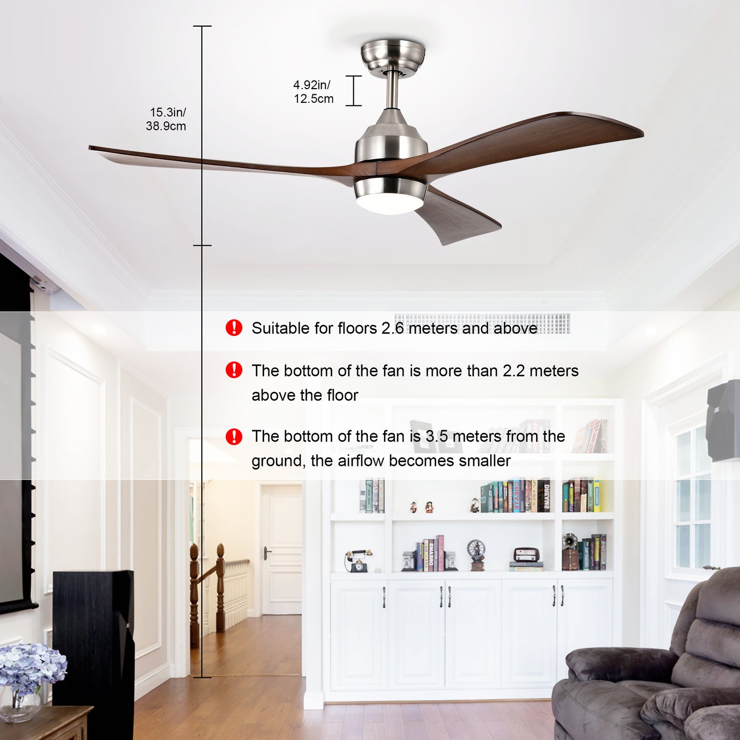 52" Ceiling Fan with Lights Remote Control,Quiet DC Motor 3 Wood Blade Ceiling Fans 6 Speed Levels,Reversible Ceiling Fan, for Patio Living Room, Bedroom, Office,Indoor.(Stain nickel + Walnut )