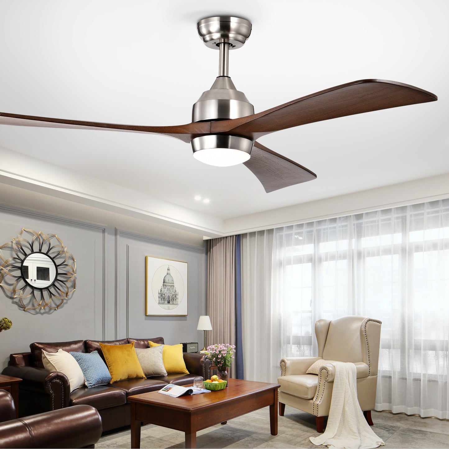 52" Ceiling Fan with Lights Remote Control,Quiet DC Motor 3 Wood Blade Ceiling Fans 6 Speed Levels,Reversible Ceiling Fan, for Patio Living Room, Bedroom, Office,Indoor.(Stain nickel + Walnut )