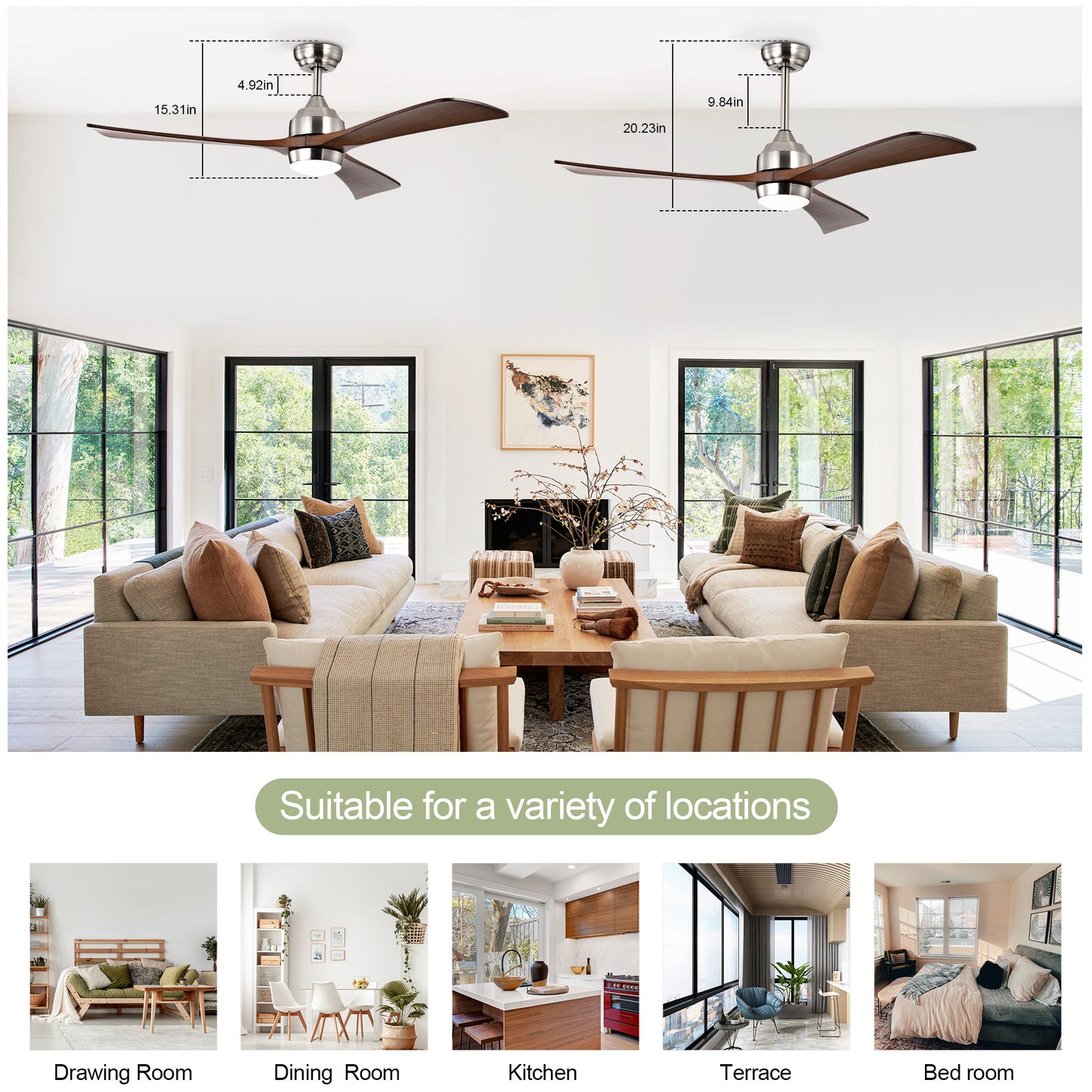 52" Ceiling Fan with Lights Remote Control,Quiet DC Motor 3 Wood Blade Ceiling Fans 6 Speed Levels,Reversible Ceiling Fan, for Patio Living Room, Bedroom, Office,Indoor.(Stain nickel + Walnut )