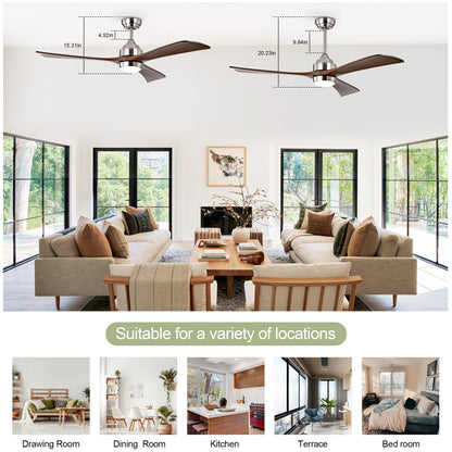 52" Ceiling Fan with Lights Remote Control,Quiet DC Motor 3 Wood Blade Ceiling Fans 6 Speed Levels,Reversible Ceiling Fan, for Patio Living Room, Bedroom, Office,Indoor.(Stain nickel + Walnut )