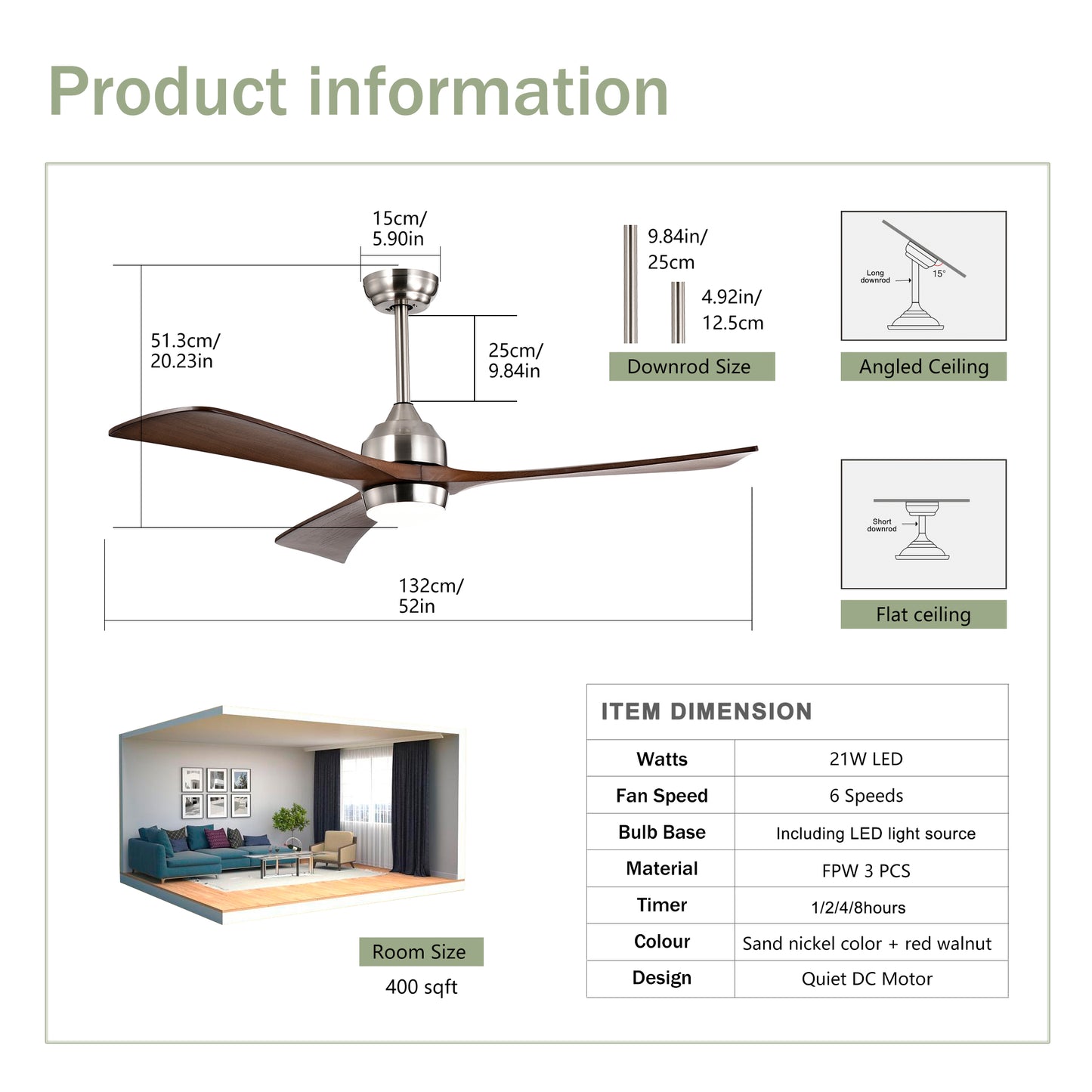 52" Ceiling Fan with Lights Remote Control,Quiet DC Motor 3 Wood Blade Ceiling Fans 6 Speed Levels,Reversible Ceiling Fan, for Patio Living Room, Bedroom, Office,Indoor.(Stain nickel + Walnut )