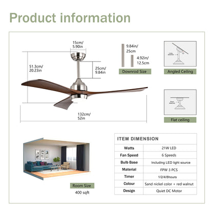 52" Ceiling Fan with Lights Remote Control,Quiet DC Motor 3 Wood Blade Ceiling Fans 6 Speed Levels,Reversible Ceiling Fan, for Patio Living Room, Bedroom, Office,Indoor.(Stain nickel + Walnut )