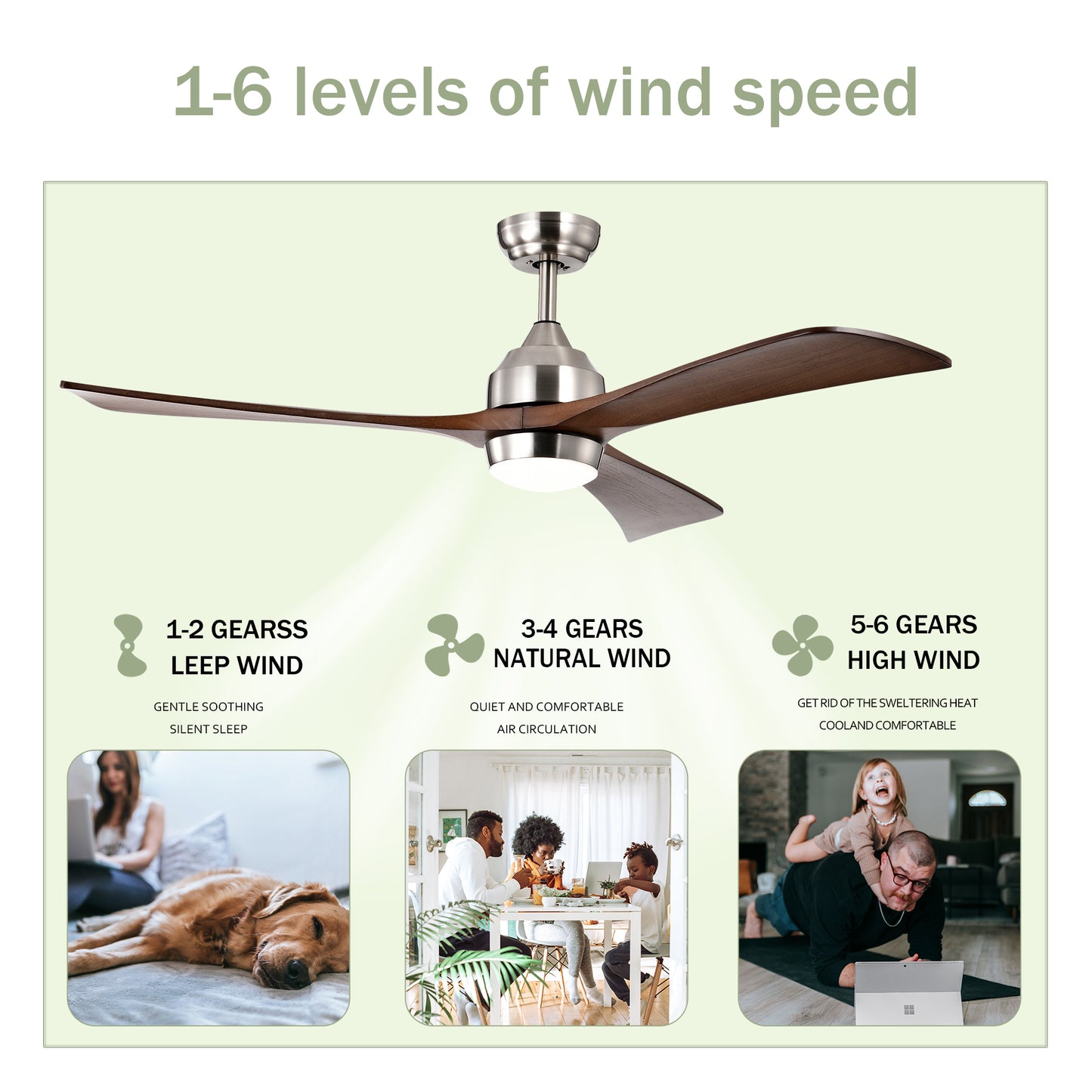 52" Ceiling Fan with Lights Remote Control,Quiet DC Motor 3 Wood Blade Ceiling Fans 6 Speed Levels,Reversible Ceiling Fan, for Patio Living Room, Bedroom, Office,Indoor.(Stain nickel + Walnut )