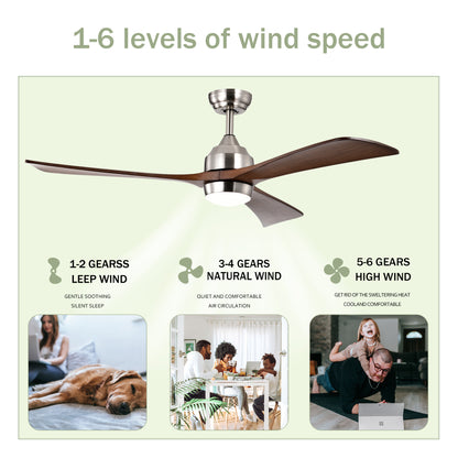 52" Ceiling Fan with Lights Remote Control,Quiet DC Motor 3 Wood Blade Ceiling Fans 6 Speed Levels,Reversible Ceiling Fan, for Patio Living Room, Bedroom, Office,Indoor.(Stain nickel + Walnut )